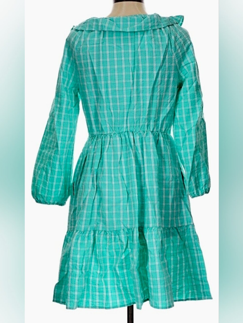 J. CREW 🩵 SEERSUCKER PLAID MIDI DRESS 🩵 Cotton 🎀 Ruffle Detail 🍭 sz 12 😎NWT - Picture 3 of 9